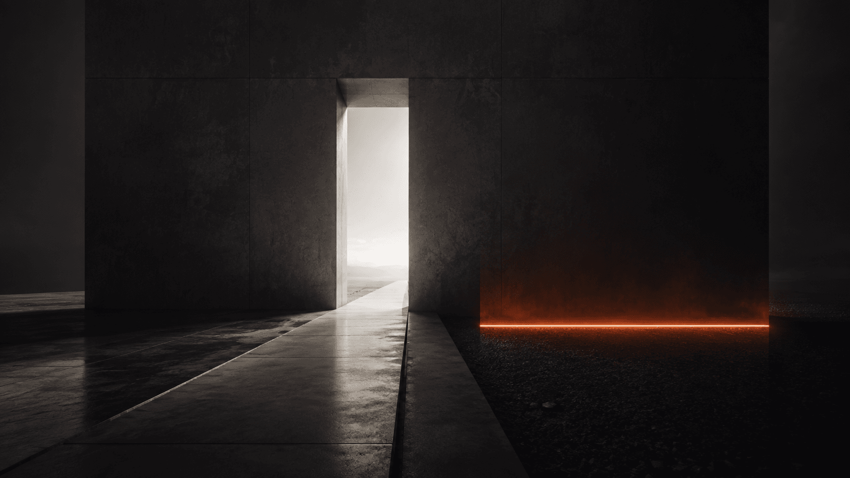 A bright path passing through a precise opening beside an illuminated boundary line
