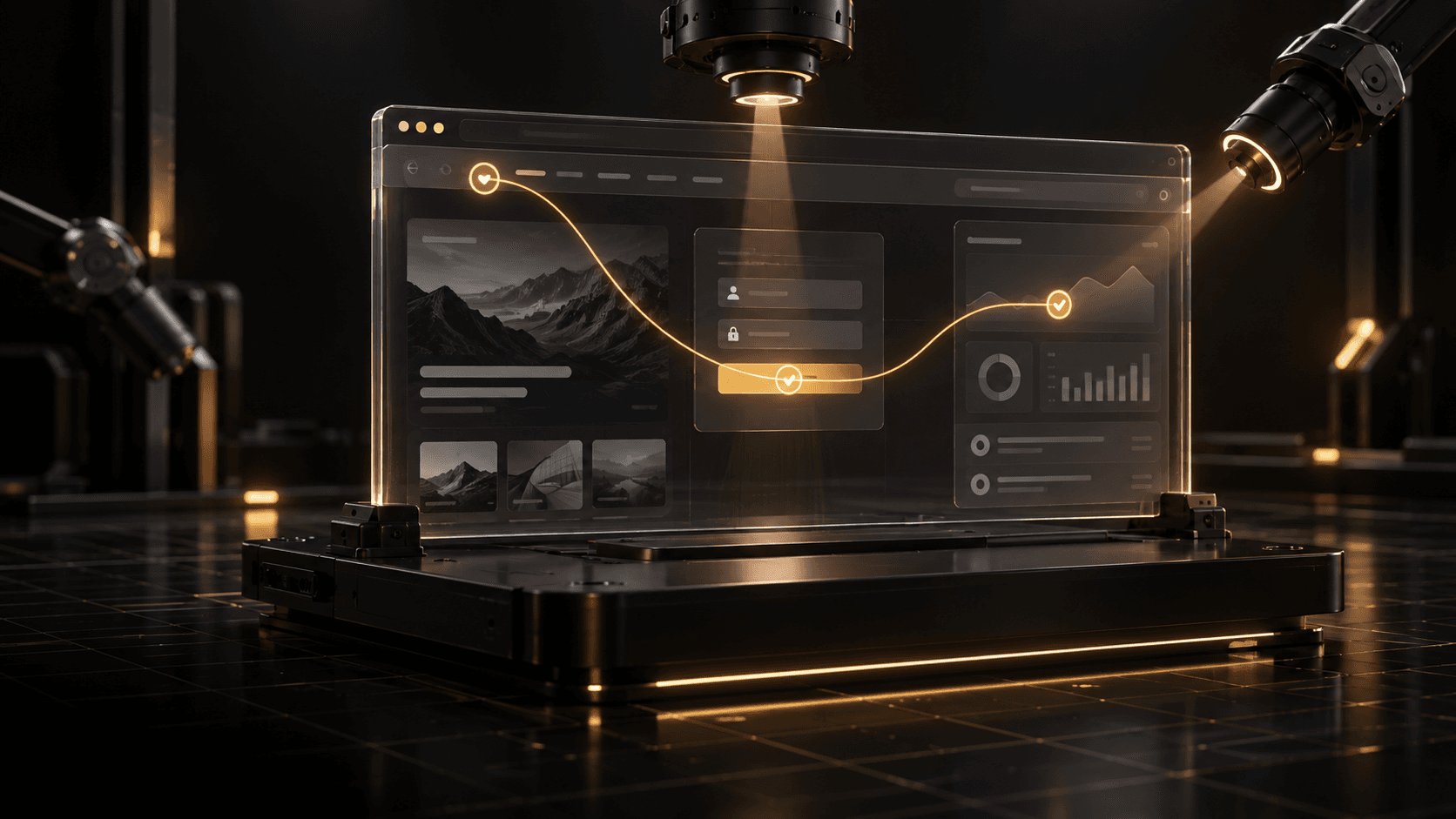 A glass browser window with an illuminated path connecting a sign-in form to a dashboard under an inspection beam