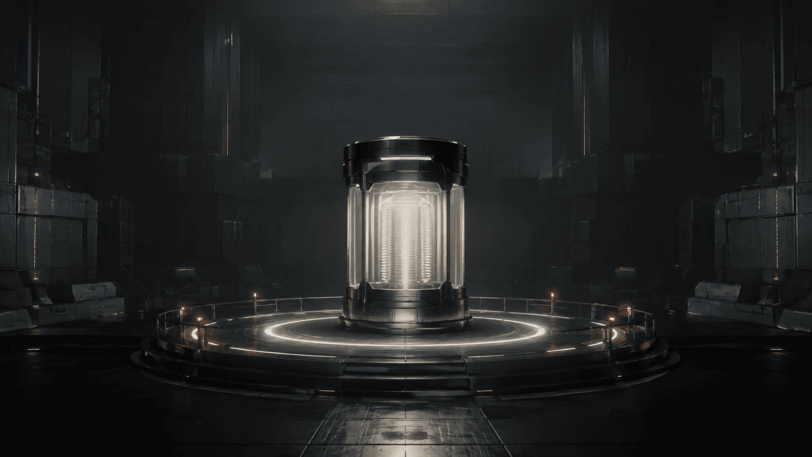 A single illuminated compute chamber isolated in a dark technical space