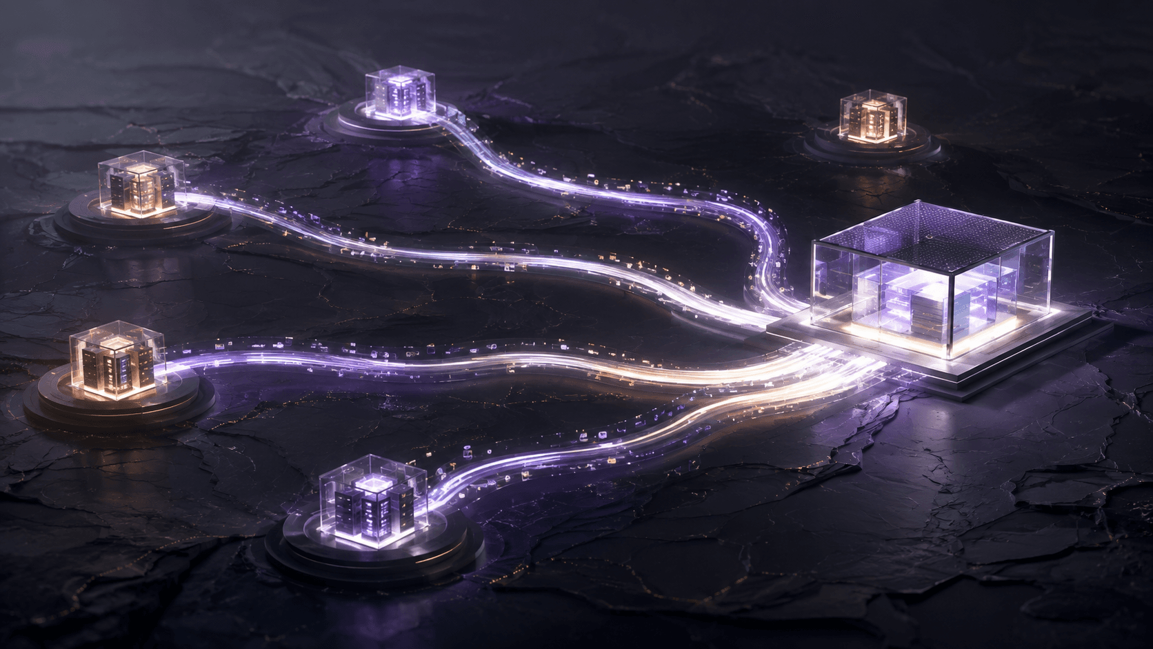 Several distributed repository cells converging on one clean execution chamber