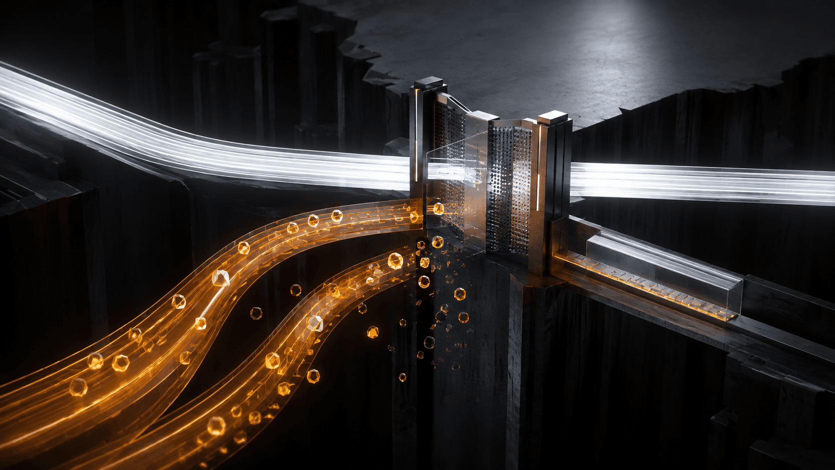 An amber untrusted stream being filtered before joining a protected execution path
