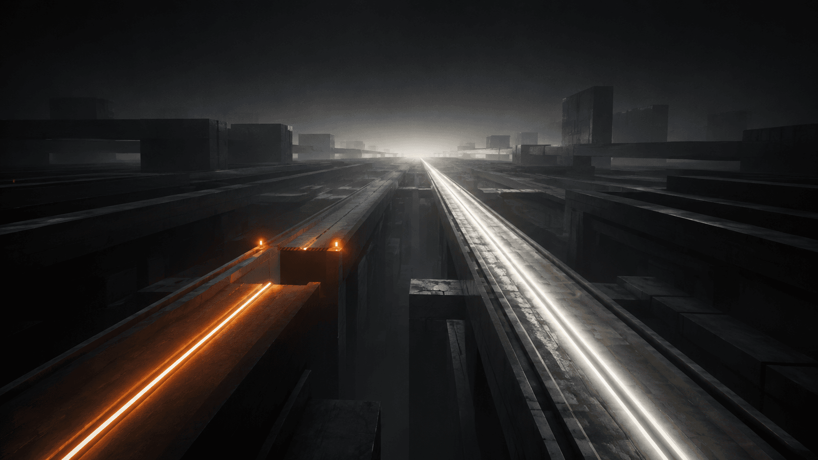 Two illuminated execution lanes crossing a dark architectural landscape