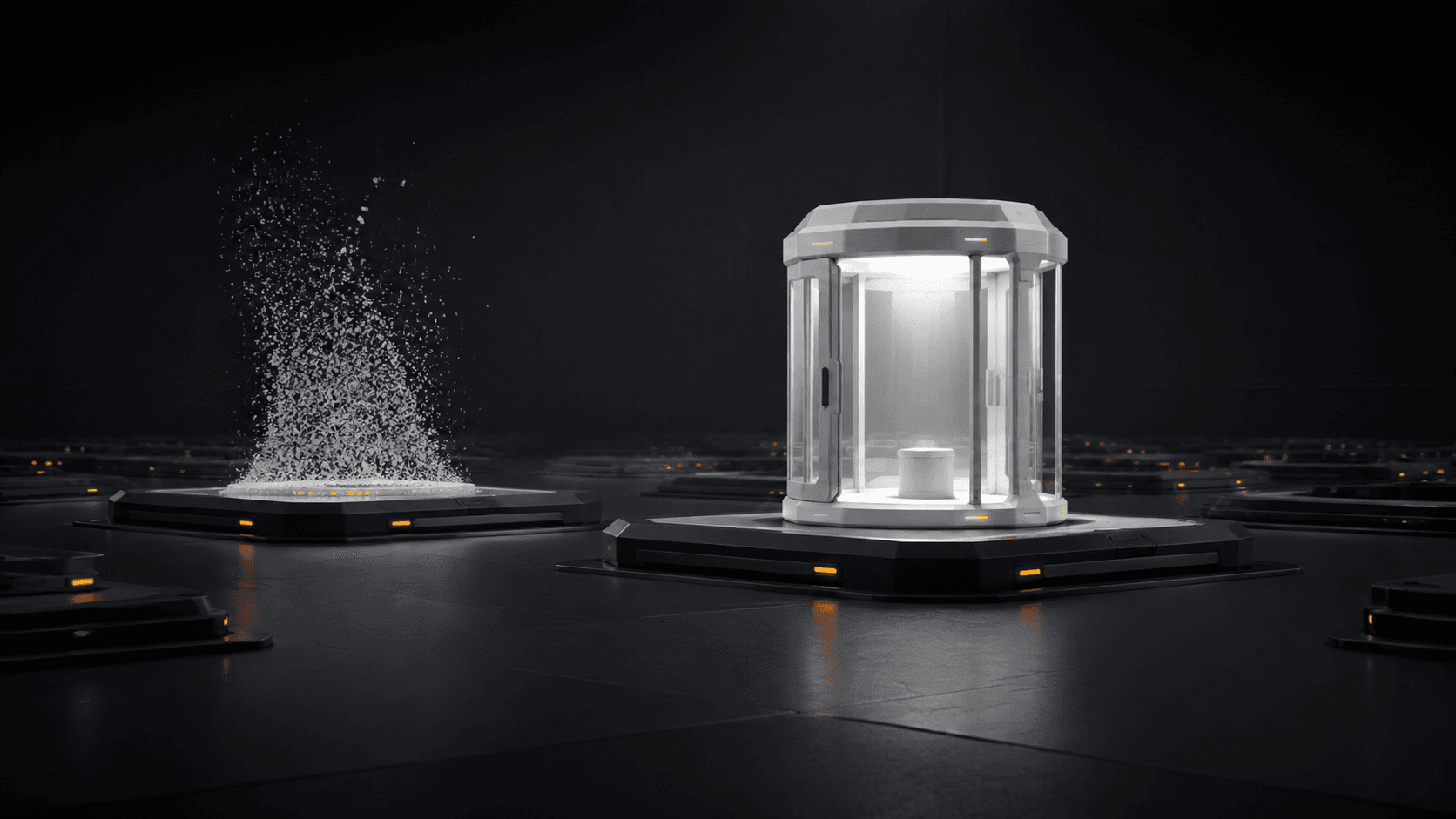 One pristine compute chamber appearing as a previous chamber dissolves completely